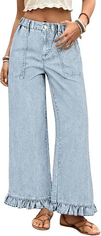 yoeasy Wide Leg Jeans for Women Elastic Waisted Baggy Jeans Trendy Casual Ruffle Hem Denim Pants with Pockets in Kuwait