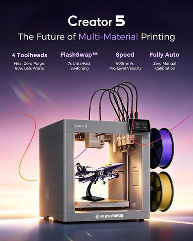 طابعة FLASHFORGE Creator 5 4-Toolhead Changer ثلاثية الأبعاد، طباعة متعددة الألوان والمواد المتعددة، نظام نفايات قريب من الصفر، FlashSwap 7s، إزالة دعم التنظيف، طابعة CoreXY 600 مم/ثانية للمعايرة التلقائية FDM ثلاثية الأبعاد in Kuwait