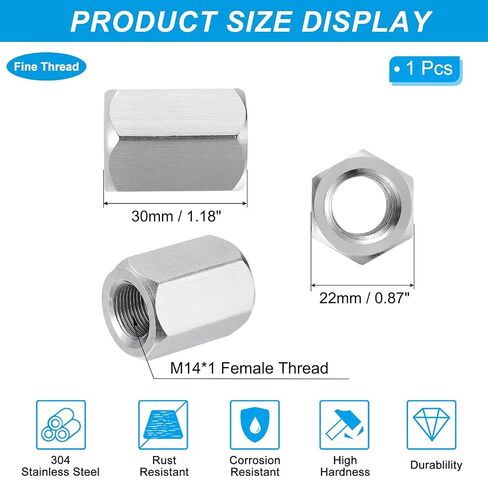 PATIKIL M14 x 1-Pitch 304 Stainless Steel Hex Coupling Nuts, 30mm / 1.2" Length Fully Threaded Rod Coupling Nut Studding Connector Fasteners, Silver Tone in Kuwait