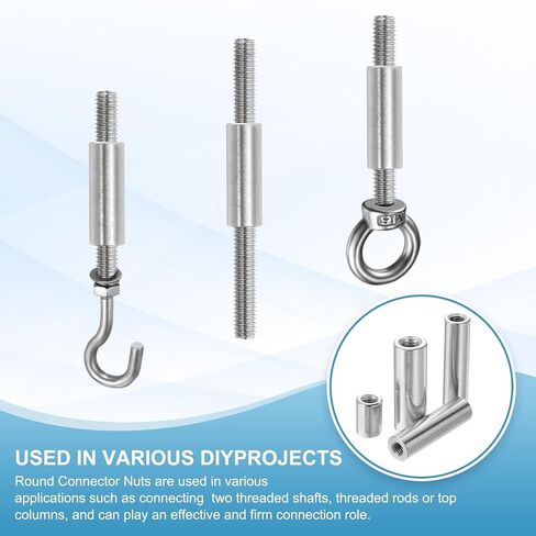 PATIKIL M12x1.25mm الملعب 304 الفولاذ المقاوم للصدأ جولة اقتران المكسرات، 2 جهاز كمبيوتر شخصى 50mm / 1.97 "طول متري غرامة الموضوع موصل كم قضيب شريط مسمار السحابات الجوز مترابطة بالكامل، لهجة فضية in Kuwait