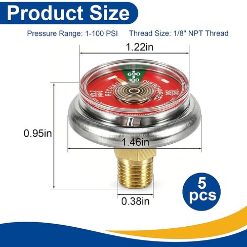 5 Pcs 100 Psi Pressure Gauge for Portable Water Fire Extinguishers Compatible with Amerex, Ansul, Badger, 1/8" NPT Thread, Stainless Steel Body, Red Dial in Saudi Arabia