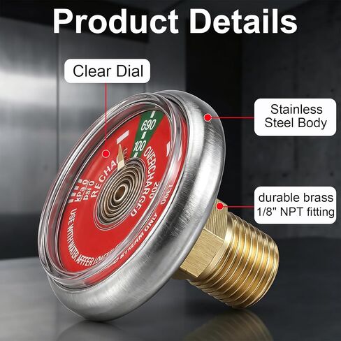 5 Pcs 100 Psi Pressure Gauge for Portable Water Fire Extinguishers Compatible with Amerex, Ansul, Badger, 1/8" NPT Thread, Stainless Steel Body, Red Dial in Saudi Arabia