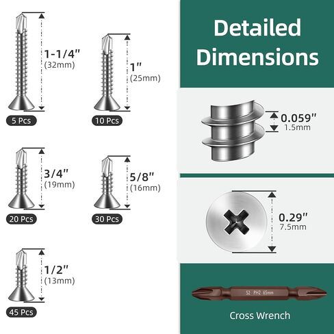 110pcs #8 Sheet Metal Self Tapping Screws Assortment Kit, 410 Stainless Steel Flat Head High-Strength Fast Self-Drilling Screws, Bright Finish in Kuwait