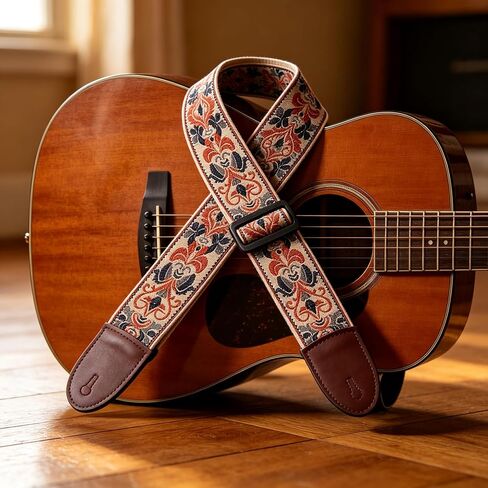 Guitar Strap, Adjustable Jacquard Embroidery Padded Cotton Strap with Accessories & Leather Ends, Fits Acoustic Electric Guitars Ukulele for Gigs, Practice & Daily Use in Kuwait