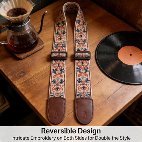 Guitar Strap, Adjustable Jacquard Embroidery Padded Cotton Strap with Accessories & Leather Ends, Fits Acoustic Electric Guitars Ukulele for Gigs, Practice & Daily Use in Kuwait