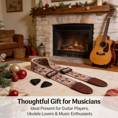 Guitar Strap, Adjustable Jacquard Embroidery Padded Cotton Strap with Accessories & Leather Ends, Fits Acoustic Electric Guitars Ukulele for Gigs, Practice & Daily Use in Kuwait