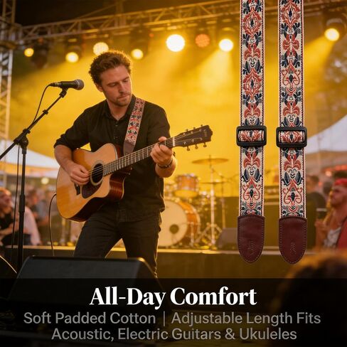 Guitar Strap, Adjustable Jacquard Embroidery Padded Cotton Strap with Accessories & Leather Ends, Fits Acoustic Electric Guitars Ukulele for Gigs, Practice & Daily Use in Kuwait
