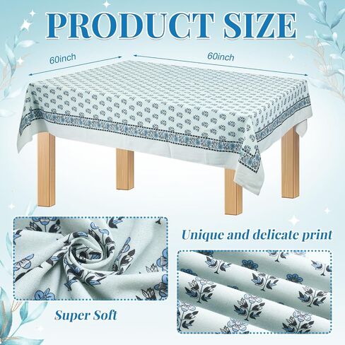 Newtay 60'' x 90'' Hand Block Print Mahjong Table Cloth Square Cotton Floral Tablecloth Washable Print Rectangle Table Cover with Dust Proof for Kitchen Dining Party(60'' X 90'',Apatite Blue,Blue) in Kuwait