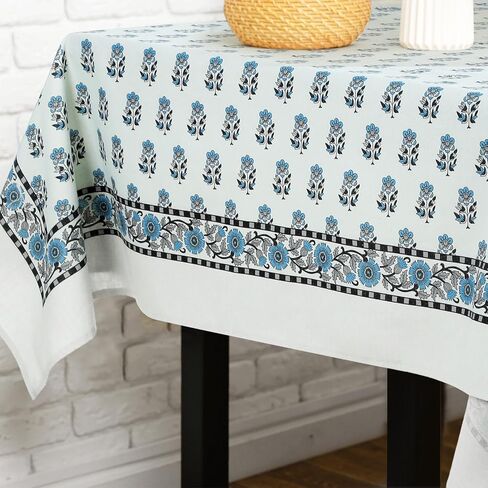 Newtay 60'' x 90'' Hand Block Print Mahjong Table Cloth Square Cotton Floral Tablecloth Washable Print Rectangle Table Cover with Dust Proof for Kitchen Dining Party(60'' X 90'',Apatite Blue,Blue) in Kuwait