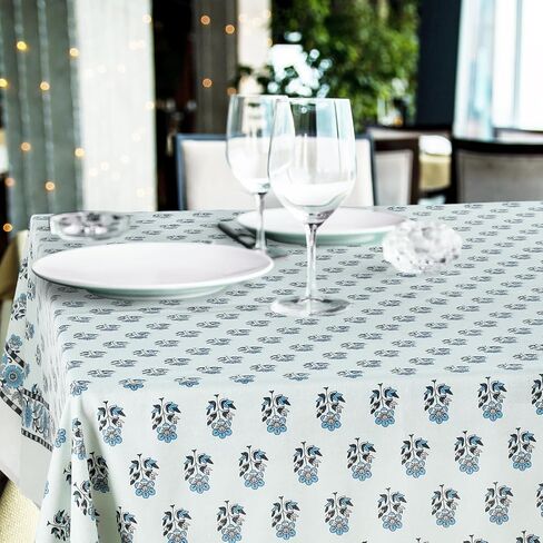 Newtay 60'' x 90'' Hand Block Print Mahjong Table Cloth Square Cotton Floral Tablecloth Washable Print Rectangle Table Cover with Dust Proof for Kitchen Dining Party(60'' X 90'',Apatite Blue,Blue) in Kuwait