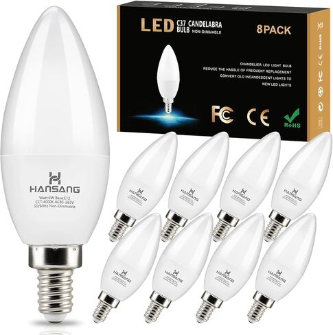 مصابيح LED شمعدان E12، ما يعادل 60 وات، أبيض دافئ 2700 كلفن، لمبة إضاءة من النوع B E12 قاعدة صغيرة 600LM 120VAC CRI85+، شكل شمعة B11 لمروحة سقف الثريا، غير قابلة للتعتيم، 6 عبوات in Kuwait