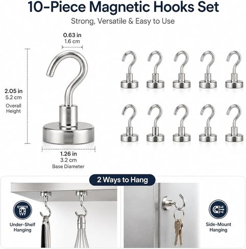 10 Pack Magnetic Hooks, Heavy Duty 35LB Strong Neodymium Magnet Hook with Ring, Keys Hanging Magnetics Hanger for Curtain Kitchen Home Fridge Locker Office Garage Organization in Kuwait