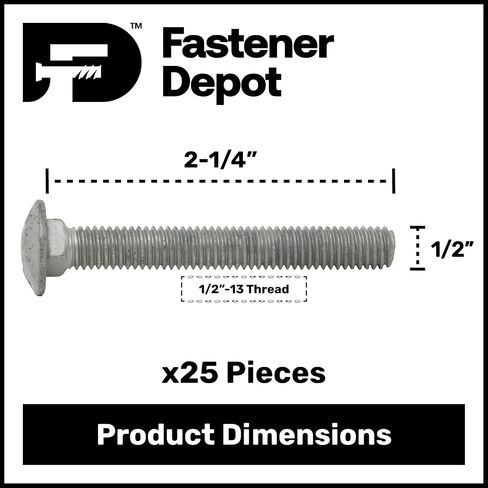 1/2"-13 x 2-1/4" (25 حزمة) مسمار نقل مجلفن بالغمس الساخن درجة 307A للاستخدام الخارجي بواسطة Fastener Depot, LLC in Kuwait