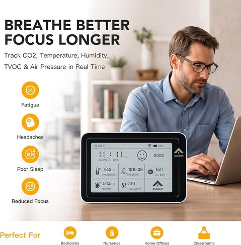 Smart WiFi Indoor Air Quality Monitor, Remote CO2, Temperature, Humidity, TVOC & Air Pressure Tracking, Power Status Monitoring, 3.7" E-Ink Display with App for Home, Bedroom, Office & School in Kuwait