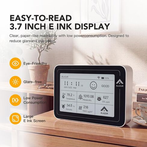 Smart WiFi Indoor Air Quality Monitor, Remote CO2, Temperature, Humidity, TVOC & Air Pressure Tracking, Power Status Monitoring, 3.7" E-Ink Display with App for Home, Bedroom, Office & School in Kuwait