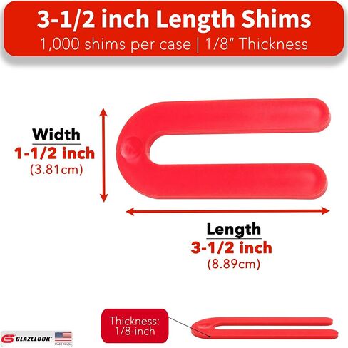 Plastic Horseshoe Shims for Leveling 3-1/2"L x 1-1/2"W (1/8" Thickness – Red – 1,000 Pieces) U Shaped Tile Shims Spacers to Level Windows, Floors, Toilets, Doors – Indoor Outdoor Use - Made in USA in Kuwait
