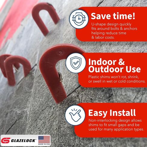 Plastic Horseshoe Shims for Leveling 3-1/2"L x 1-1/2"W (1/8" Thickness – Red – 1,000 Pieces) U Shaped Tile Shims Spacers to Level Windows, Floors, Toilets, Doors – Indoor Outdoor Use - Made in USA in Kuwait