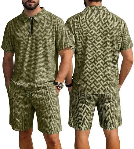 Men's 2-Piece Geometric Print Outfit, Quarter-Zip Polo Shirt and Drawstring Shorts Set, Casual Summer Tracksuit in Kuwait