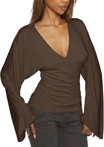 Women's Brown Batwing Sleeve Top Long Bell Sleeves Deep V Neck Solid Color Casual Ruched Side Basic Long Sleeve Tee Shirt Daily Wear in Kuwait