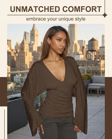 Women's Brown Batwing Sleeve Top Long Bell Sleeves Deep V Neck Solid Color Casual Ruched Side Basic Long Sleeve Tee Shirt Daily Wear in Kuwait