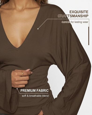 Women's Brown Batwing Sleeve Top Long Bell Sleeves Deep V Neck Solid Color Casual Ruched Side Basic Long Sleeve Tee Shirt Daily Wear in Kuwait