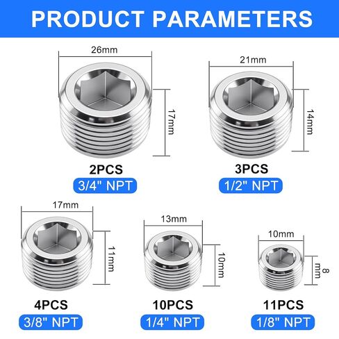 30Pcs Pipe Plug Fitting Assortment Kit, 304 Stainless Steel NPT Plug Set 5 Sizes 1/8" 1/4" 3/8" 1/2" 3/4" NPT Pipe Plug Internal Hex Thread Socket for Sealing Pipe Port in Kuwait