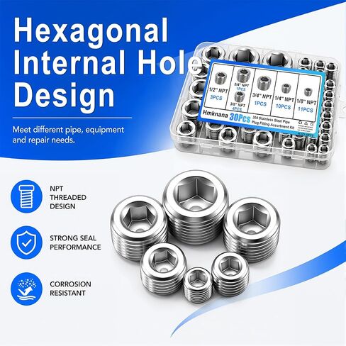 30Pcs Pipe Plug Fitting Assortment Kit, 304 Stainless Steel NPT Plug Set 5 Sizes 1/8" 1/4" 3/8" 1/2" 3/4" NPT Pipe Plug Internal Hex Thread Socket for Sealing Pipe Port in Kuwait