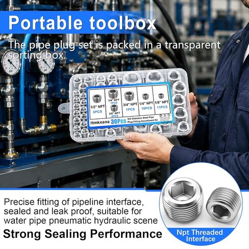 30Pcs Pipe Plug Fitting Assortment Kit, 304 Stainless Steel NPT Plug Set 5 Sizes 1/8" 1/4" 3/8" 1/2" 3/4" NPT Pipe Plug Internal Hex Thread Socket for Sealing Pipe Port in Kuwait