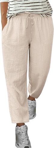 Women Cotton Linen Pants Casual Flowy Vacation Trousers Elastic Wasited Boho Fashion Solid Comfy Slacks with Pocket in Kuwait