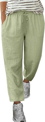 Women Cotton Linen Pants Casual Flowy Vacation Trousers Elastic Wasited Boho Fashion Solid Comfy Slacks with Pocket in Kuwait
