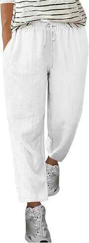 Women Cotton Linen Pants Casual Flowy Vacation Trousers Elastic Wasited Boho Fashion Solid Comfy Slacks with Pocket in Kuwait