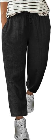 Women Cotton Linen Pants Casual Flowy Vacation Trousers Elastic Wasited Boho Fashion Solid Comfy Slacks with Pocket in Kuwait