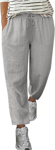 Women Cotton Linen Pants Casual Flowy Vacation Trousers Elastic Wasited Boho Fashion Solid Comfy Slacks with Pocket in Kuwait