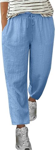 Women Cotton Linen Pants Casual Flowy Vacation Trousers Elastic Wasited Boho Fashion Solid Comfy Slacks with Pocket in Kuwait
