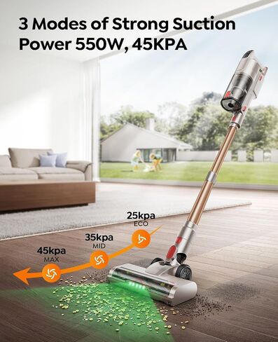 Cordless Vacuum Cleaner 550W 45KPA, 50Mins Stick Vacuum Cordless Rechargeable with 90° Folding Tube, Adjustable Height, Anti-tangle Brush, Wall-Mount, Handheld Vacuum Cleaner for Home/Pet Hair/Floors in Kuwait