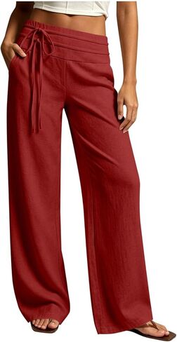 Pants for Women Casual High Waist Straight Leg Pant Fashion Beach Vacation Boho Trousers Loose Fit Baggy Slacks in Kuwait