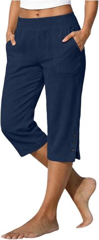 Cotton Linen Capri Pants for Women 2026 Split Hem Petite Bermuda Shorts Knee Length Elastic Waist Summer Beach Long Shorts in Kuwait