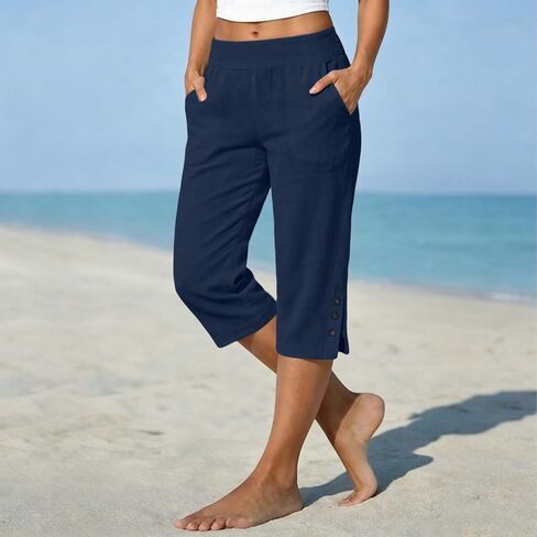 Cotton Linen Capri Pants for Women 2026 Split Hem Petite Bermuda Shorts Knee Length Elastic Waist Summer Beach Long Shorts in Kuwait