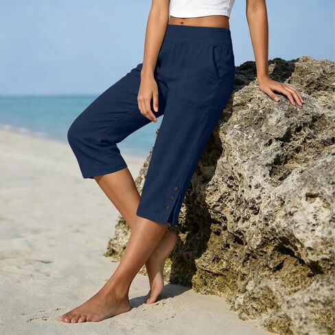 Cotton Linen Capri Pants for Women 2026 Split Hem Petite Bermuda Shorts Knee Length Elastic Waist Summer Beach Long Shorts in Kuwait