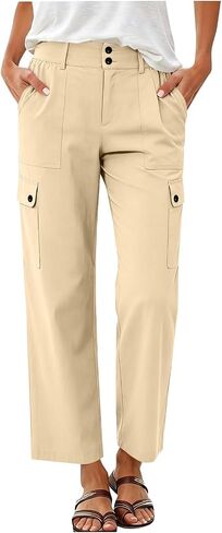 Women's Cargo Capris Pant Button High Waisted Plain Hiking Trousers Casual Work Fashion Straight Leg with Pockets in Kuwait