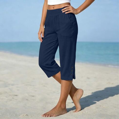 Cotton Linen Capri Pants for Women 2026 Split Hem Petite Bermuda Shorts Knee Length Elastic Waist Summer Beach Long Shorts in Kuwait