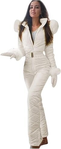 Onesie Ski Suit for Women Fur Collar Waterproof Insulated Snowsuit Belts Gloves Set of Three Winter Sports Jumpsuits in Kuwait