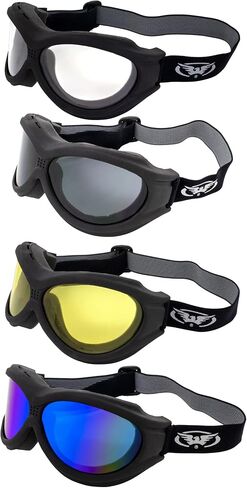 Global Vision Big Ben Padded Motorcycle Safety Goggles Fitover Black Frame w/Clear Smoke Yellow & Blue Mirror Lenses in Kuwait