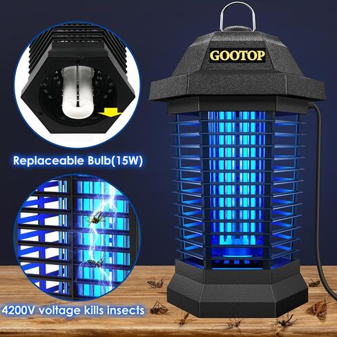 GOOTOP Bug Zapper Outdoor، Mosquito Zapper، 4200V 3 Prong Plug in Electric Fly Zapper، قاتل البعوض، مصائد الذباب، الحشرات الطائرة Zapper داخلي خارجي، ABS بلاستيك خارجي (أسود) in Kuwait