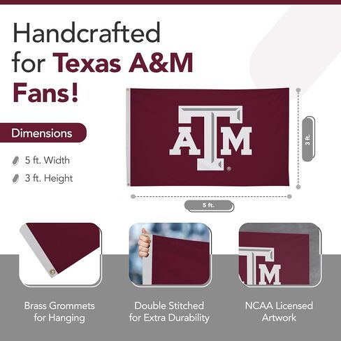 علم مطبوع من Texas A&M Aggies College Sports - مرخص من الرابطة الوطنية لرياضة الجامعات - نايلون - لافتة مدرسية (أبيض، كستنائي) (3 × 5 بوصات) in Kuwait