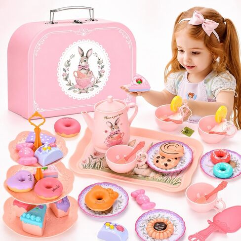 Toddler Farm Theme Tea Set for Girls 3-5, 47PCS Plastic Barn Animal Pretend Play Tea Party Set with Teapot, Cups, Tray, Desserts & Story Cards, Carrying Case Pink Gift Toy for Kids in Kuwait