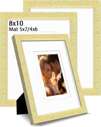 8x10 Glitter Picture Frame Set of 3, Stylish Sparkling Photo Frames with 5x7/4x6 Mat, Solid Wood and Real Glass for Tabletop or Wall Mount, Cute Home Office Decor, Pink in Kuwait
