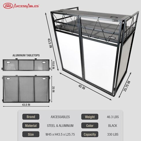 AxcessAbles Two-Tier Portable DJ Booth | Large DJ Table Stand w/ 43"x25" Desk Surface | 2 Ergonomic Table Heights | Black & White Facades, Carry Cases | DJ Laptop Controller Stand in Kuwait