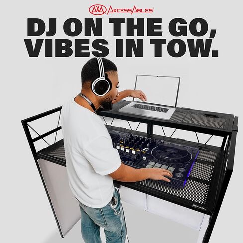AxcessAbles Two-Tier Portable DJ Booth | Large DJ Table Stand w/ 43"x25" Desk Surface | 2 Ergonomic Table Heights | Black & White Facades, Carry Cases | DJ Laptop Controller Stand in Kuwait