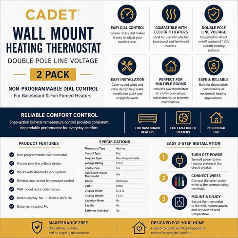 Cadet Wall Mount Double Pole Line Voltage Heating Thermostat White Non-Programmable Dial Control for Baseboard & Fan Forced Heaters, 2 Pack in Kuwait